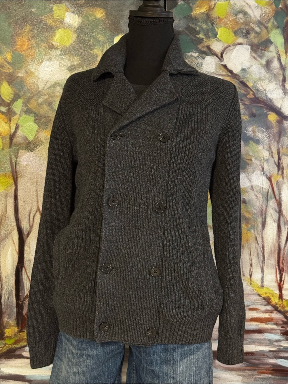 H&M Charcoal Gray Knit Double Breasted Button Front Jacket Cardigan size Small